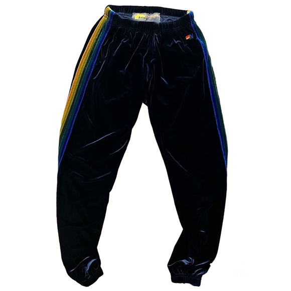 Aviator Nation Pants - Aviator Nation Navy Velvet Velour Rainbow Side Stripe Sweatpants Size Small